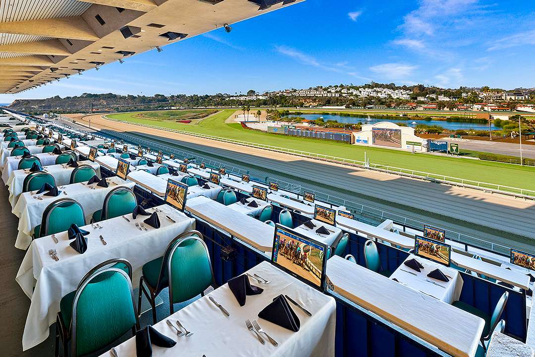 Trackside dining terrace overlooking the Del Mar Thoroughbred Club racecourse