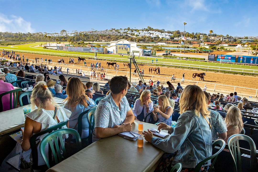 Guests dining and watching the horses in the paddock at Del Mar